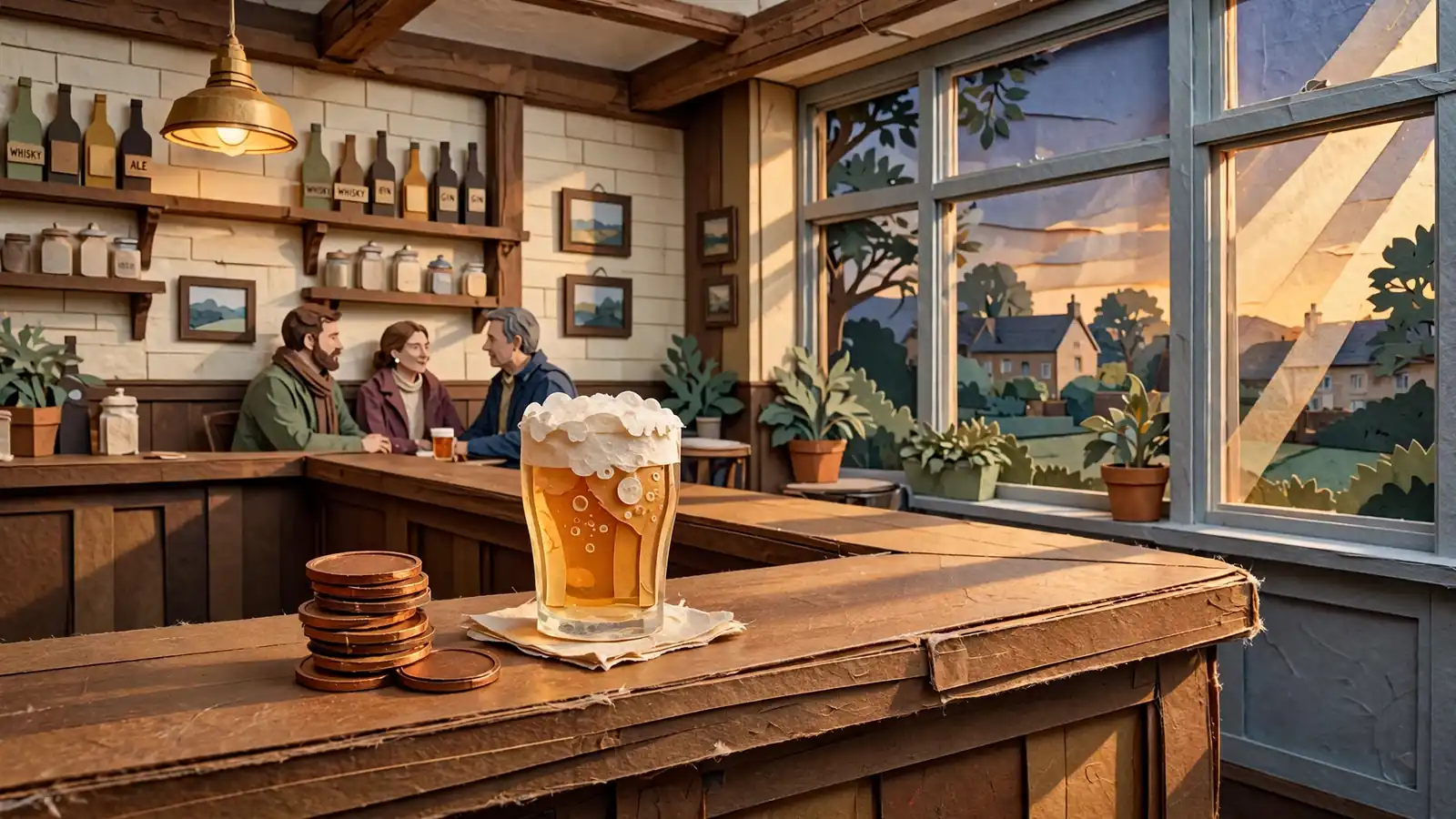 Quiet British pub interior at dusk with stacked coins on a wooden bar