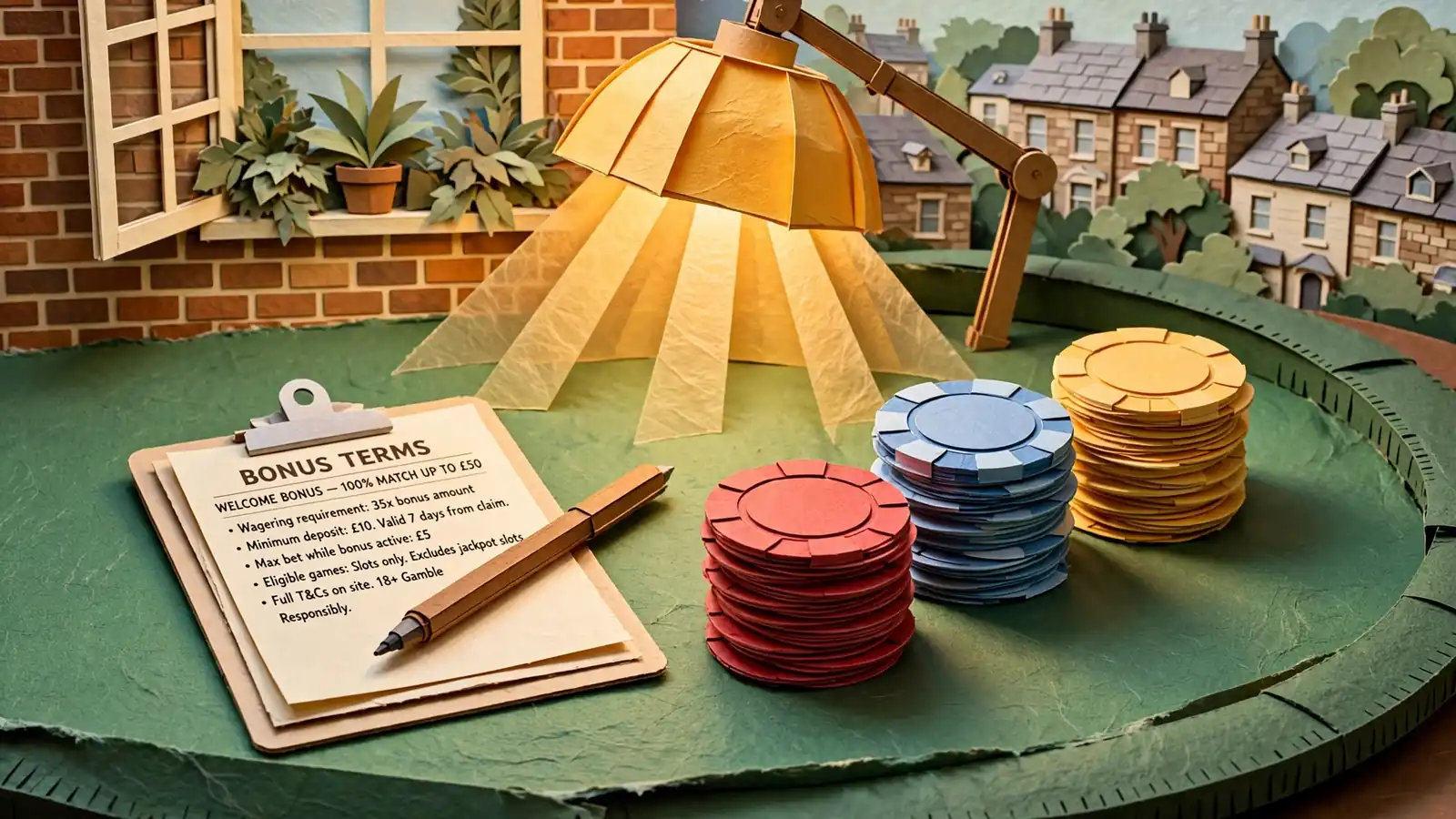 Casino chips beside a clipboard with printed bonus terms on a felt table.