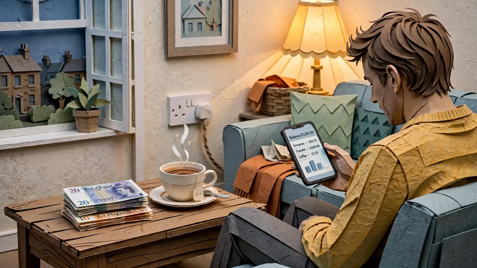 Person using a smartphone with cash on a table in a British living room
