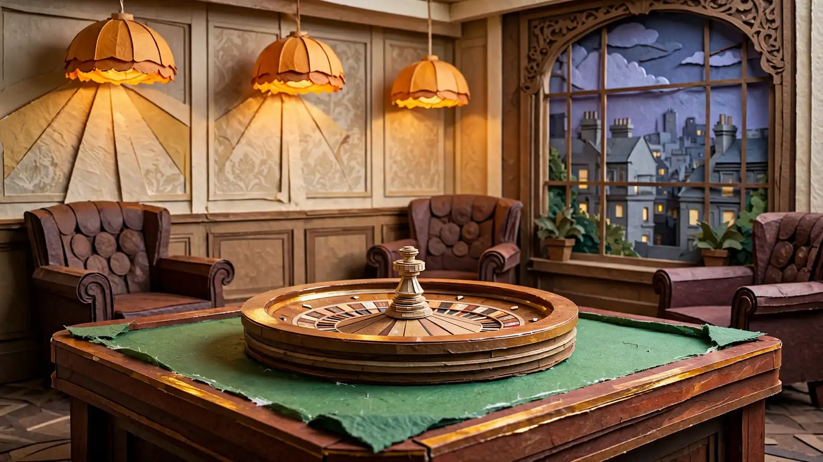 Roulette wheel on green felt in an upscale British casino lounge at evening.
