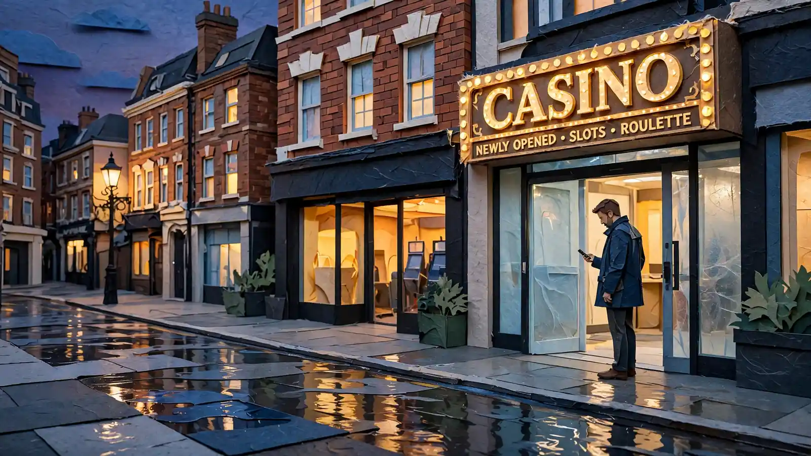 Newly opened casino entrance on a British high street at dusk.