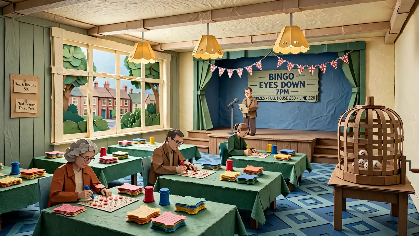 Interior of a British bingo hall with players, tickets, and a bingo cage.