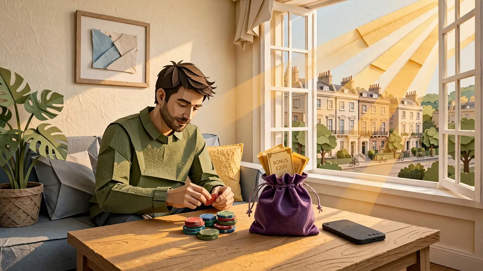 Player counting casino chips in a sunlit London flat, smartphone face-down.