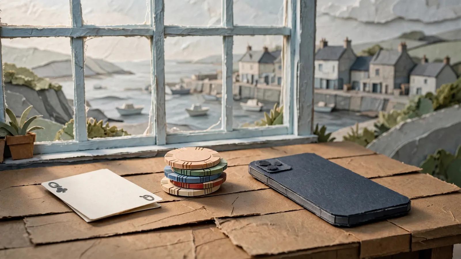 Chips and card on a pub table by a British waterfront window.