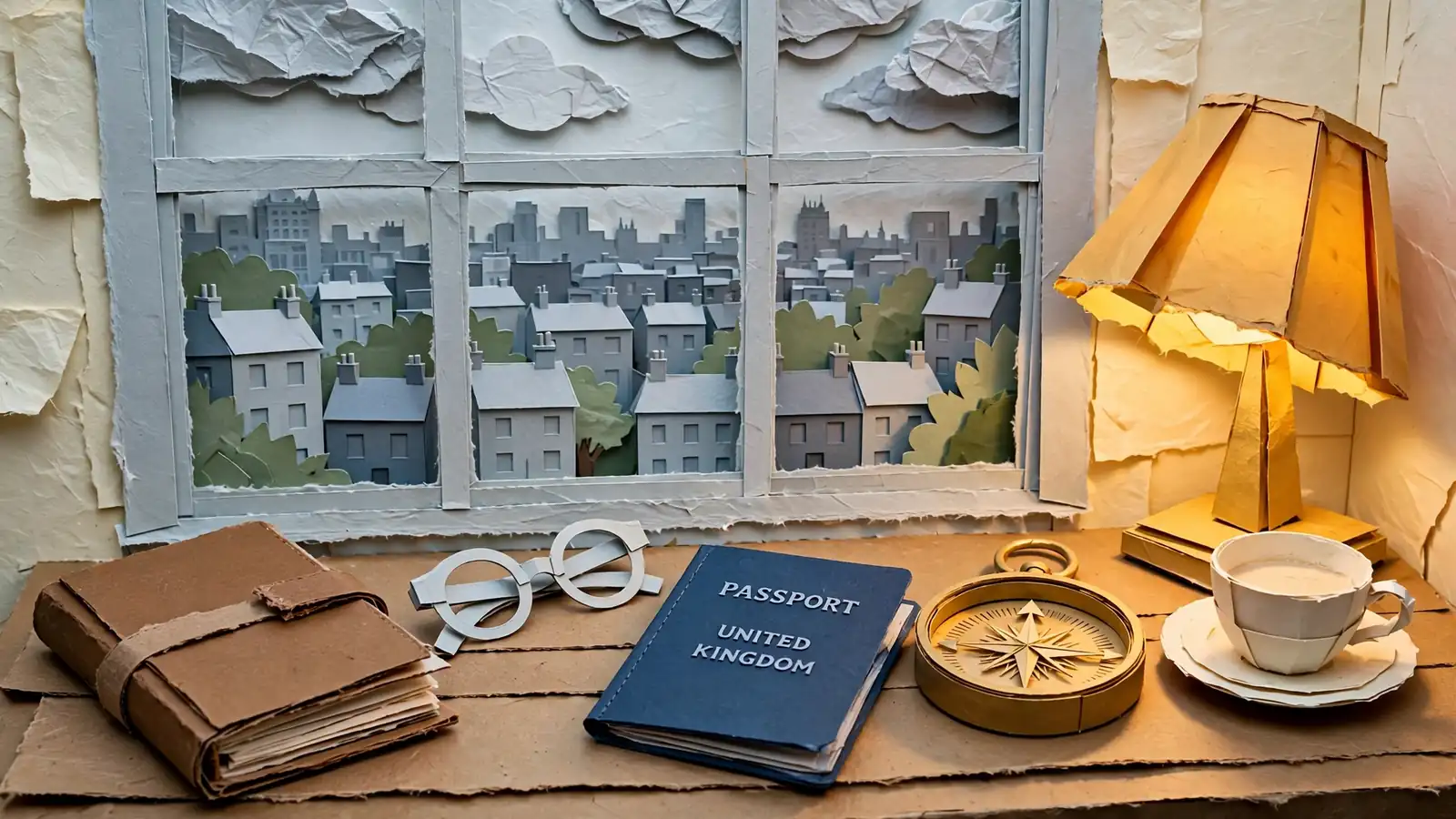 Desk with passport, compass, notebook and teacup by a rainy London window.