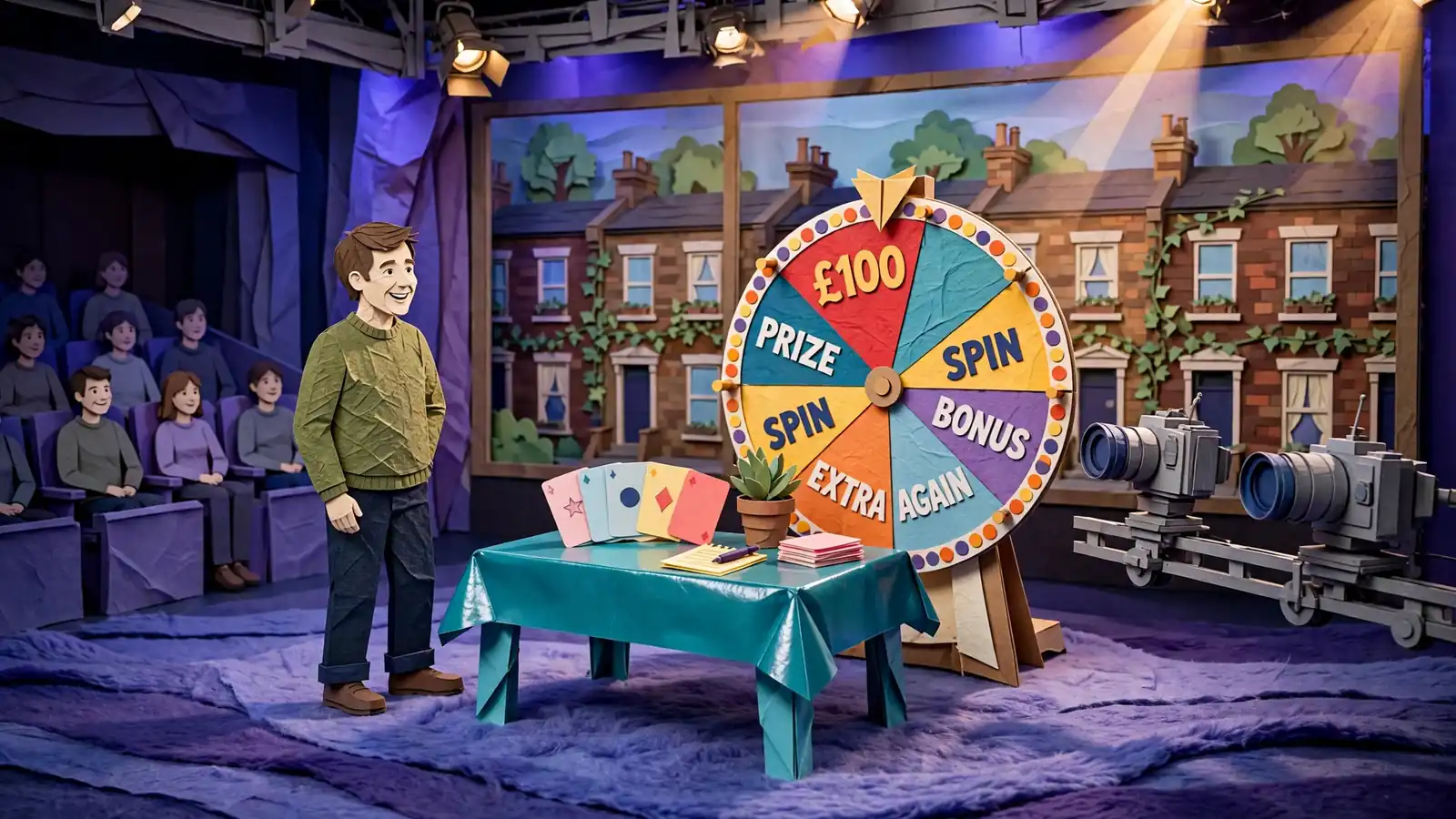 Host beside a prize wheel in a glowing TV-style casino game show studio.