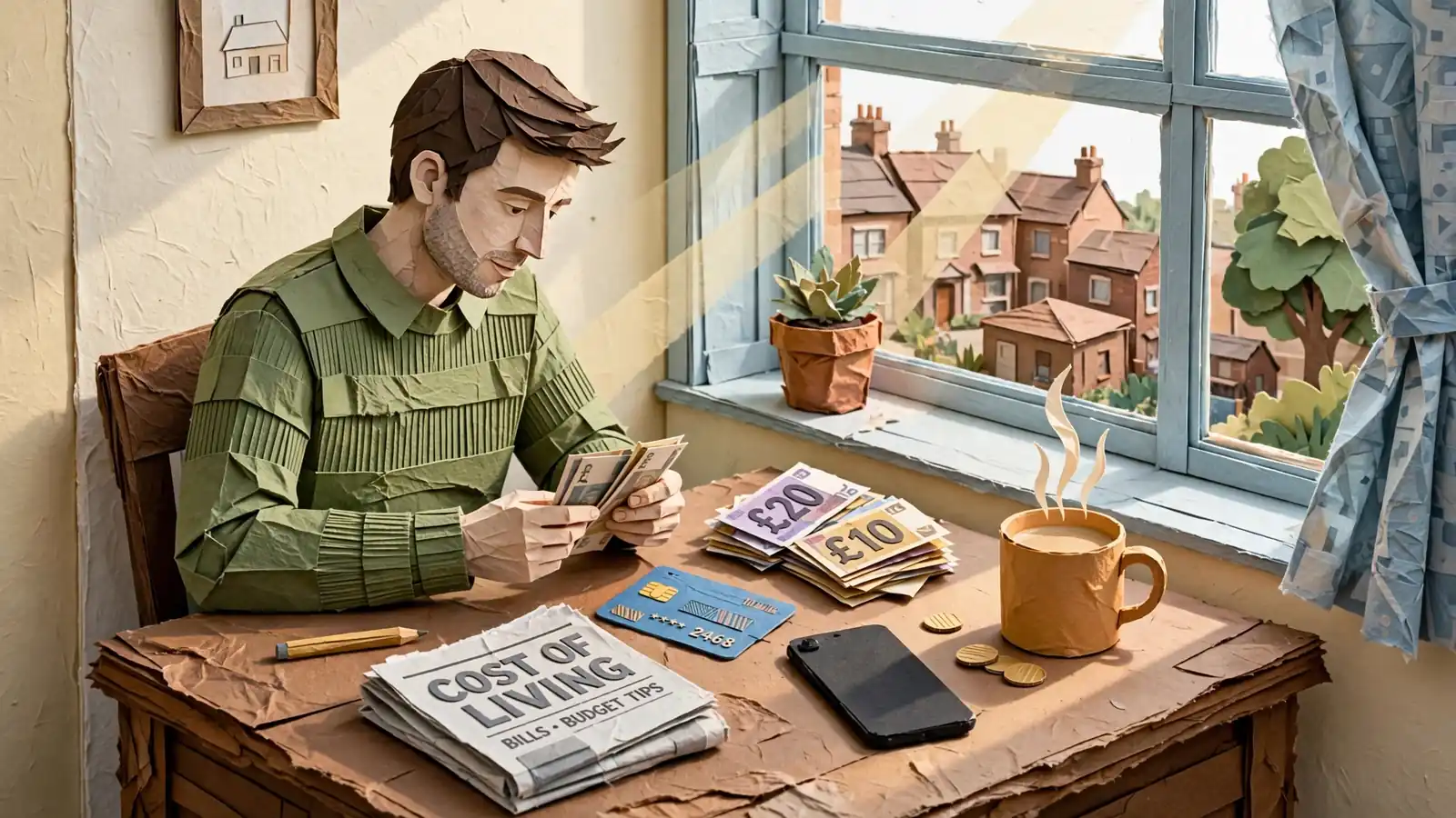 British person at home desk counting pounds with card and phone nearby.