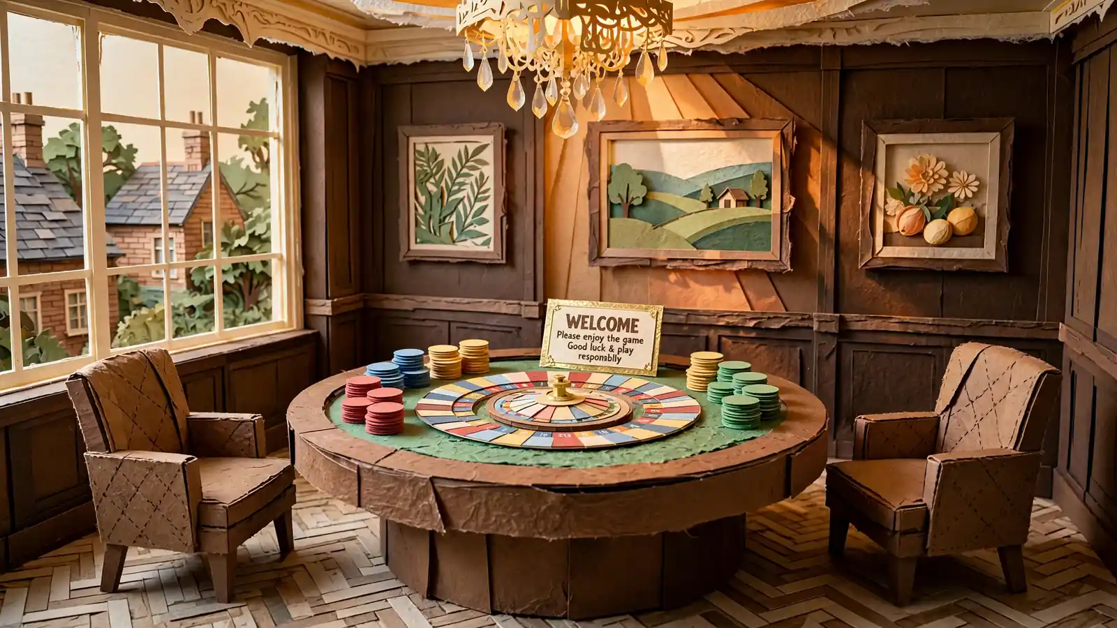 Elegant British casino interior with roulette table, chips, welcome card and warm chandelier light
