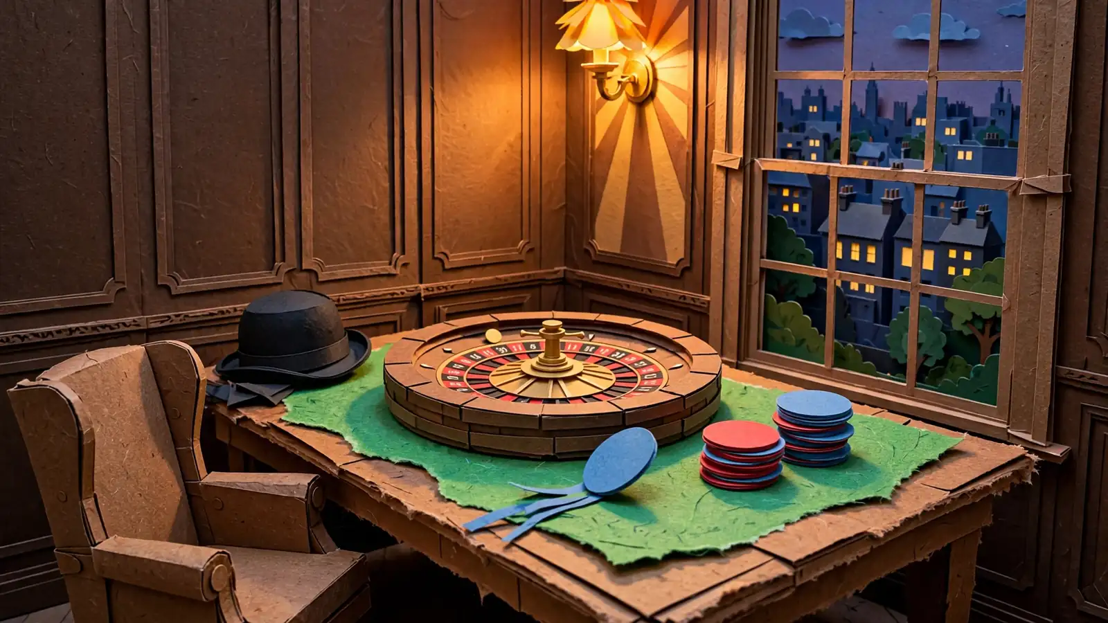 Roulette wheel and chips with a bowler hat in a Georgian British club lounge.