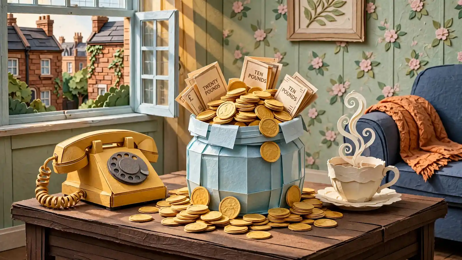Glass jar overflowing with gold coins and pound notes on a wooden table