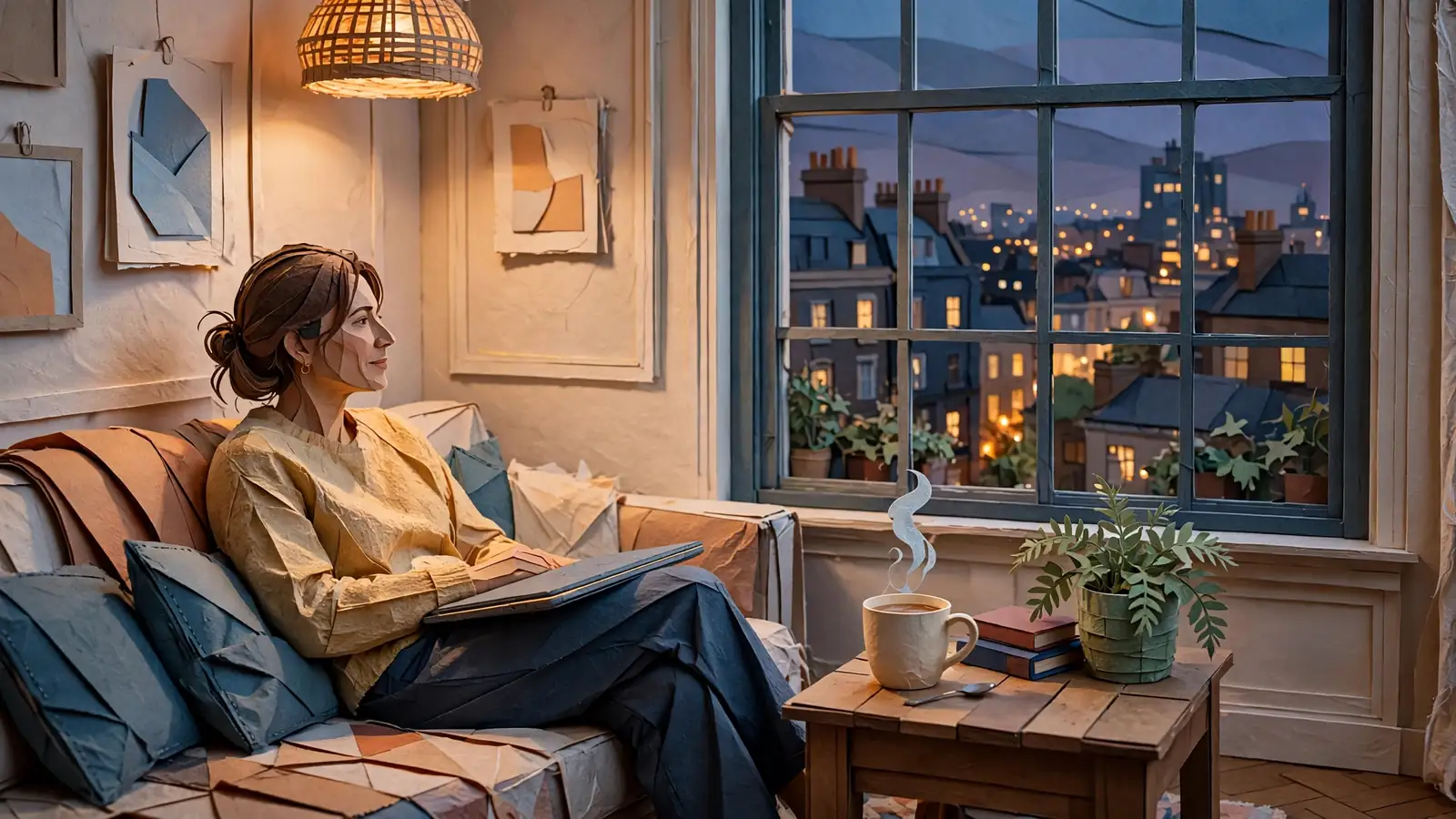 Person at home in London using a laptop with city lights at dusk