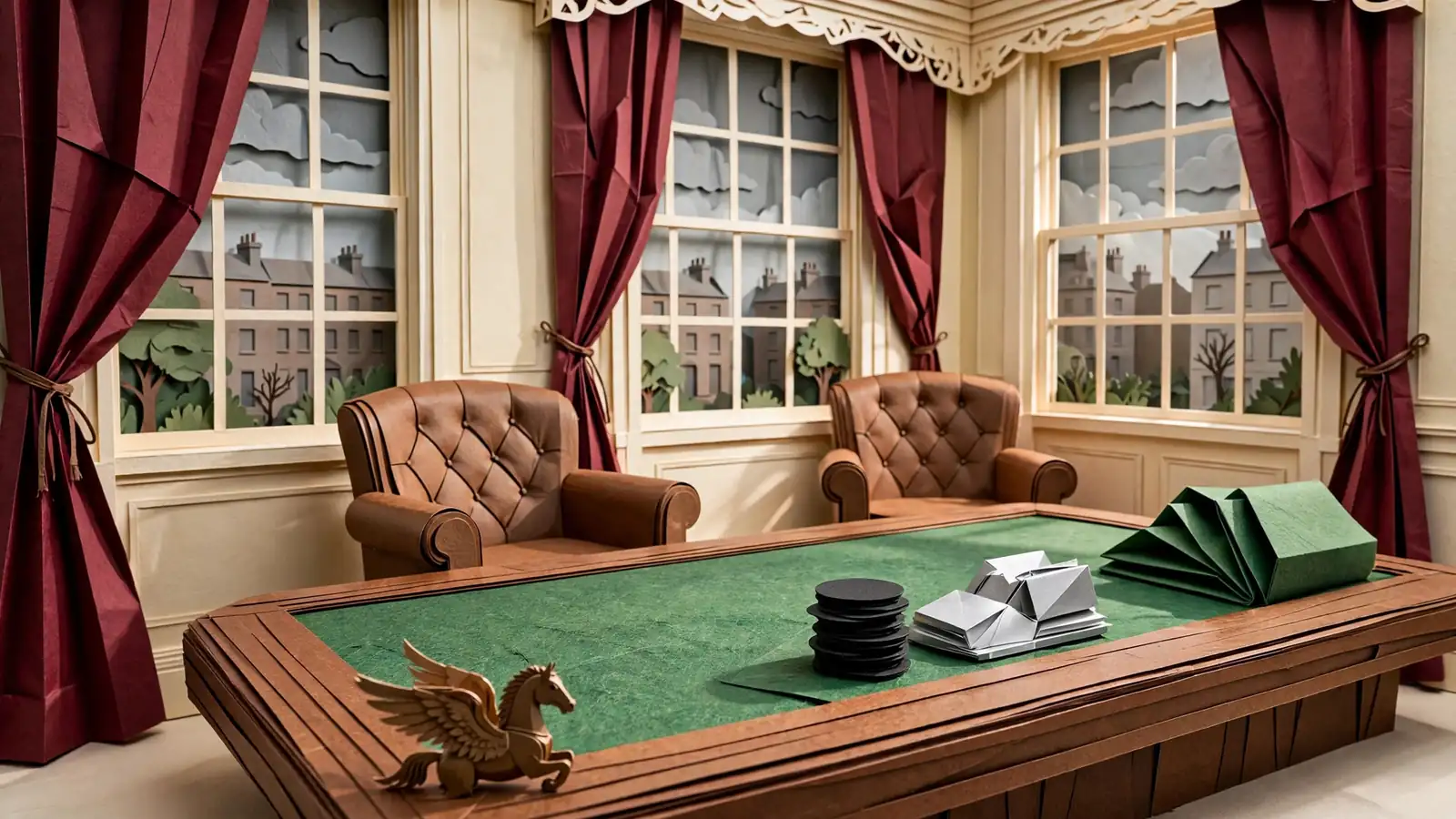 Elegant London private gaming room with a casino table, black chips, and a winged horse ornament.