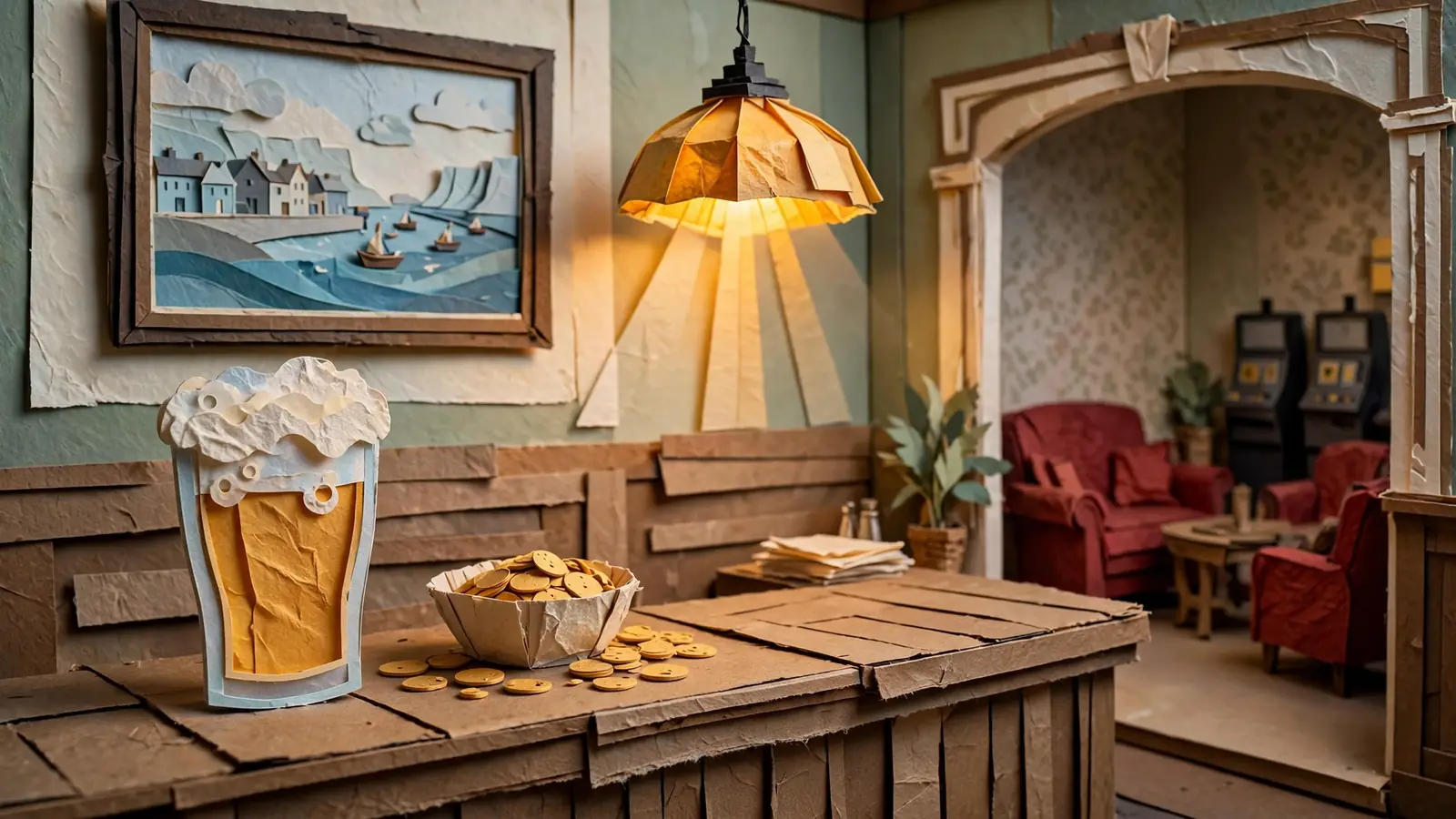 Warmly lit British pub interior with a pint on the bar and a side lounge visible through a doorway.