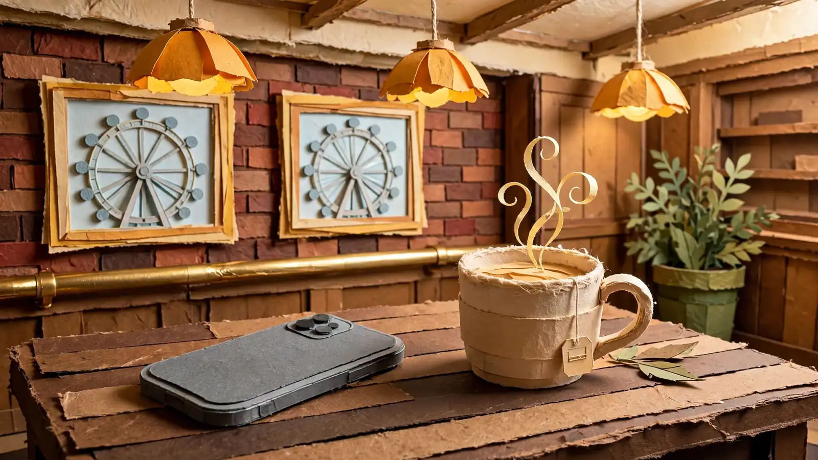 Smartphone face-down on a table inside a warmly lit British pub