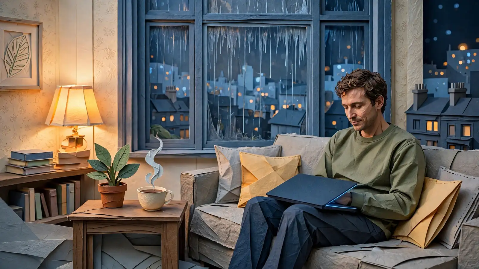 Person holding closed laptop in London living room, rainy evening.
