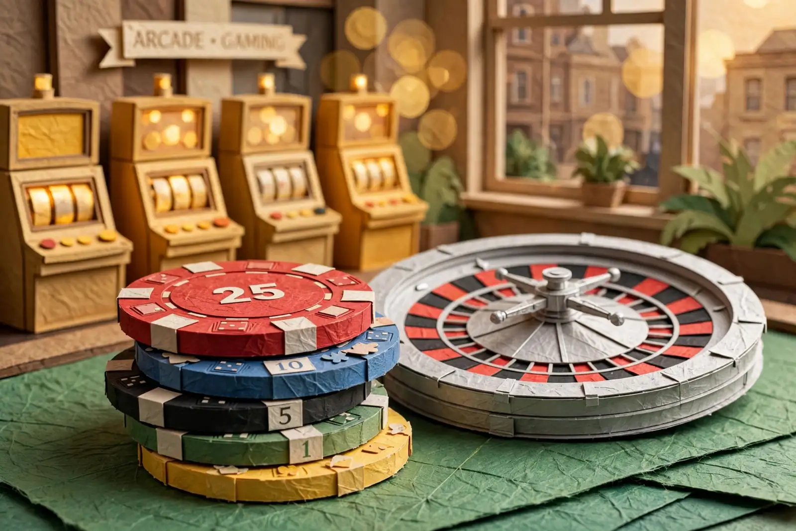 Casino chips and roulette wheel in a softly lit gaming setting.