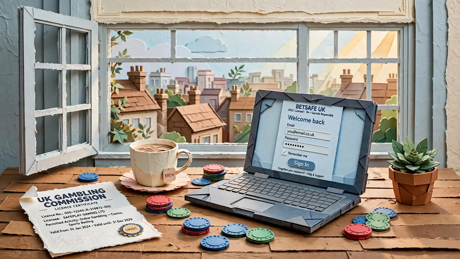 Laptop with UK gambling site login on a London desk with tea and licence document.