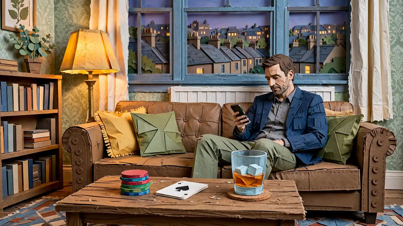 Man on sofa with phone, chips and card on table, UK city view.