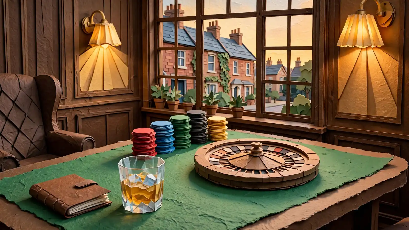 Casino chips and a roulette wheel on a green felt table in an elegant British lounge.