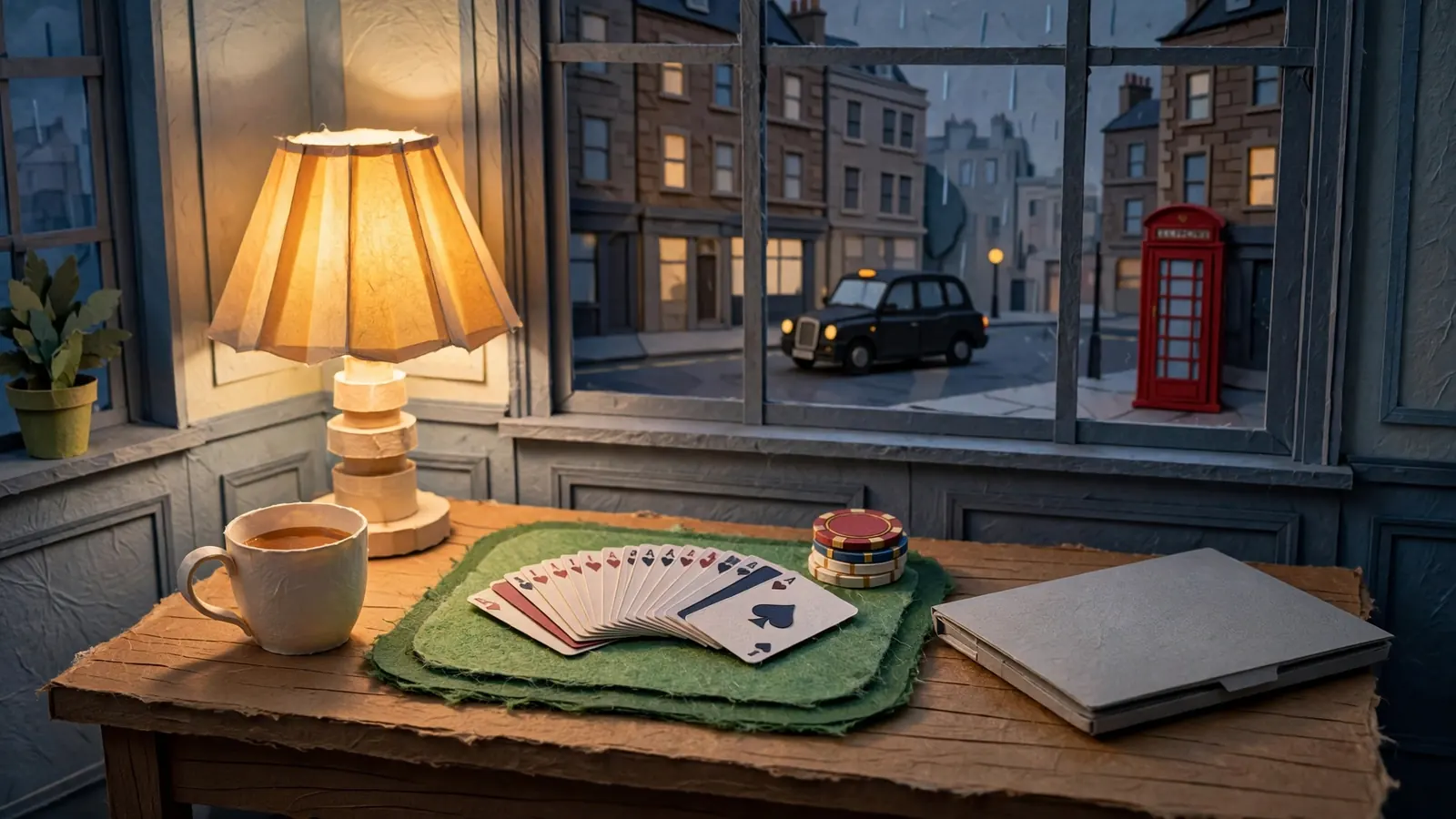 British evening scene with closed laptop, cards, chips, and rainy London street view
