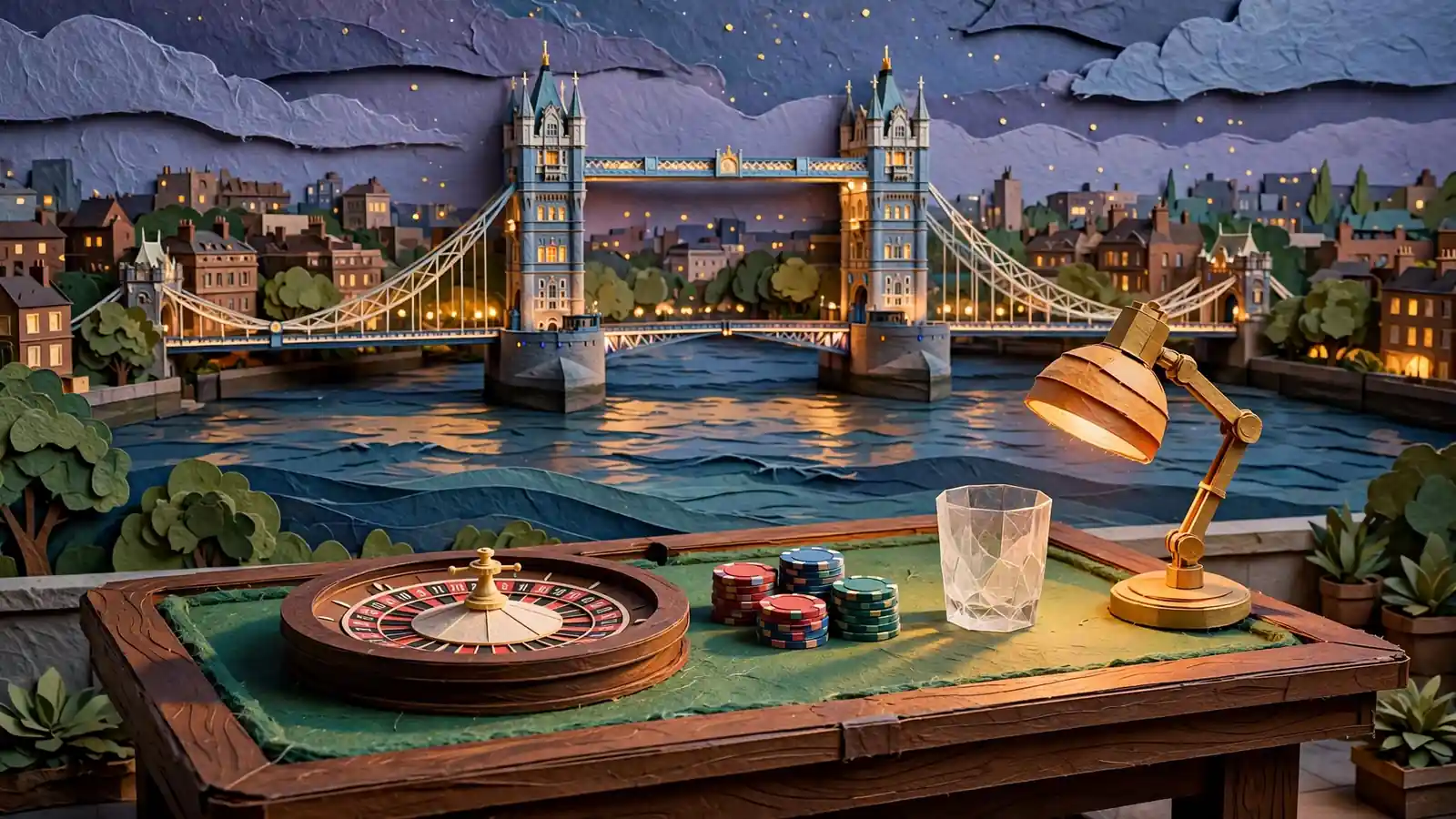 Illuminated Tower Bridge above a roulette table with stacked chips at dusk.