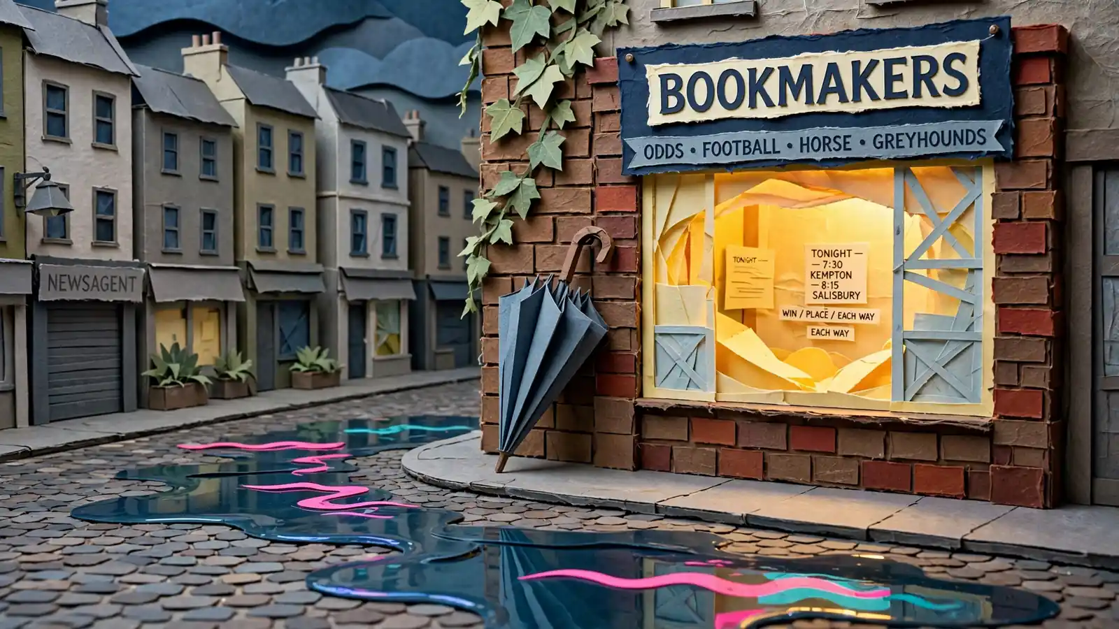 Rainy London evening outside a traditional betting shop with warm window glow on wet cobblestones.