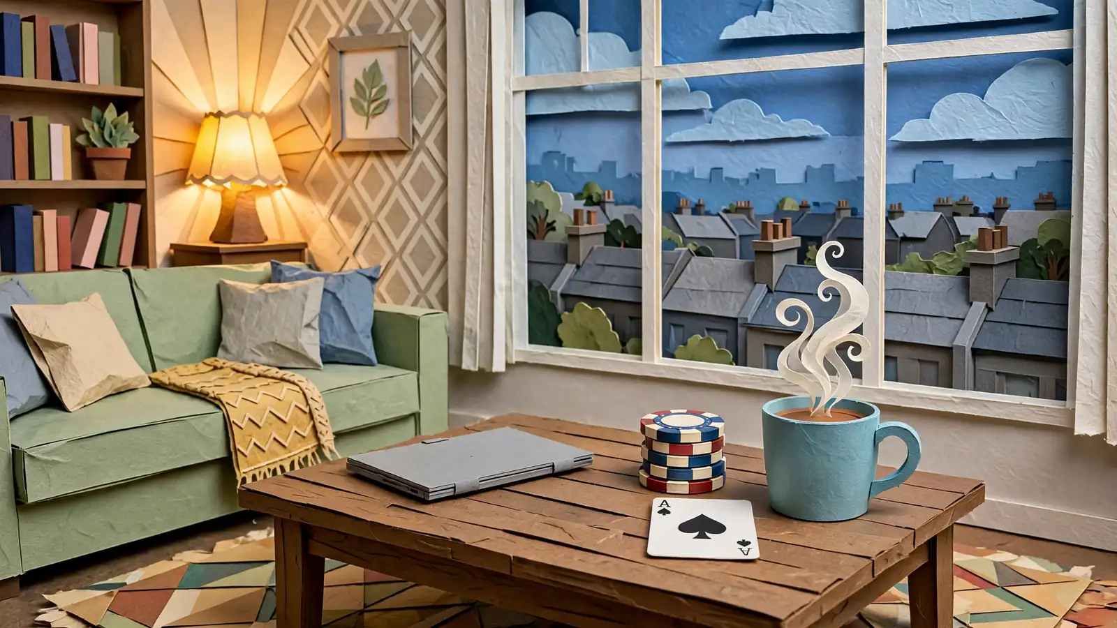 British living room at dusk with closed laptop, poker chips, playing card, and tea