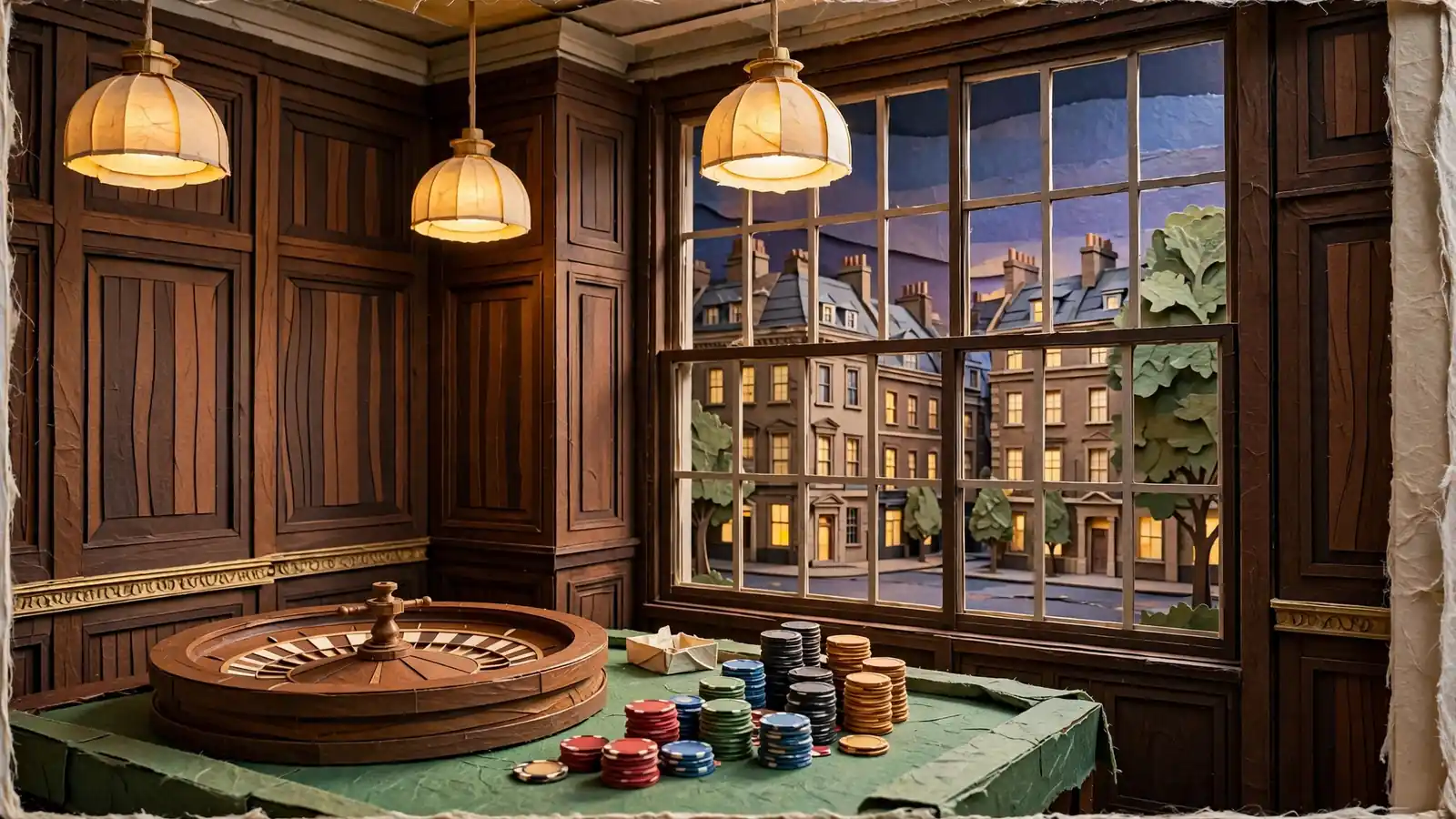 Elegant British casino interior with roulette wheel and stacked chips