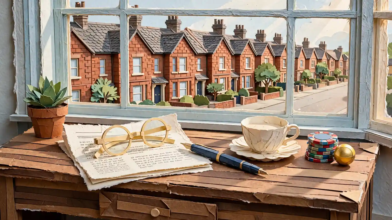 British home desk with reading glasses, printed page, teacup, roulette ball and casino chips near a sash window.
