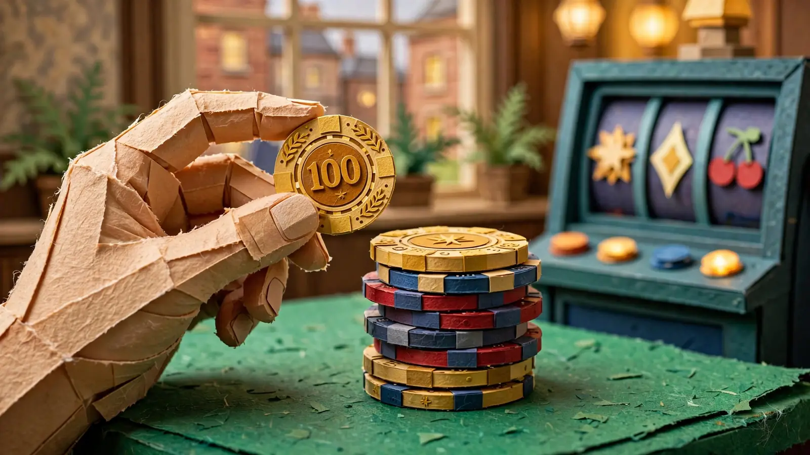 Hand holding a gold chip near stacked chips on a casino table