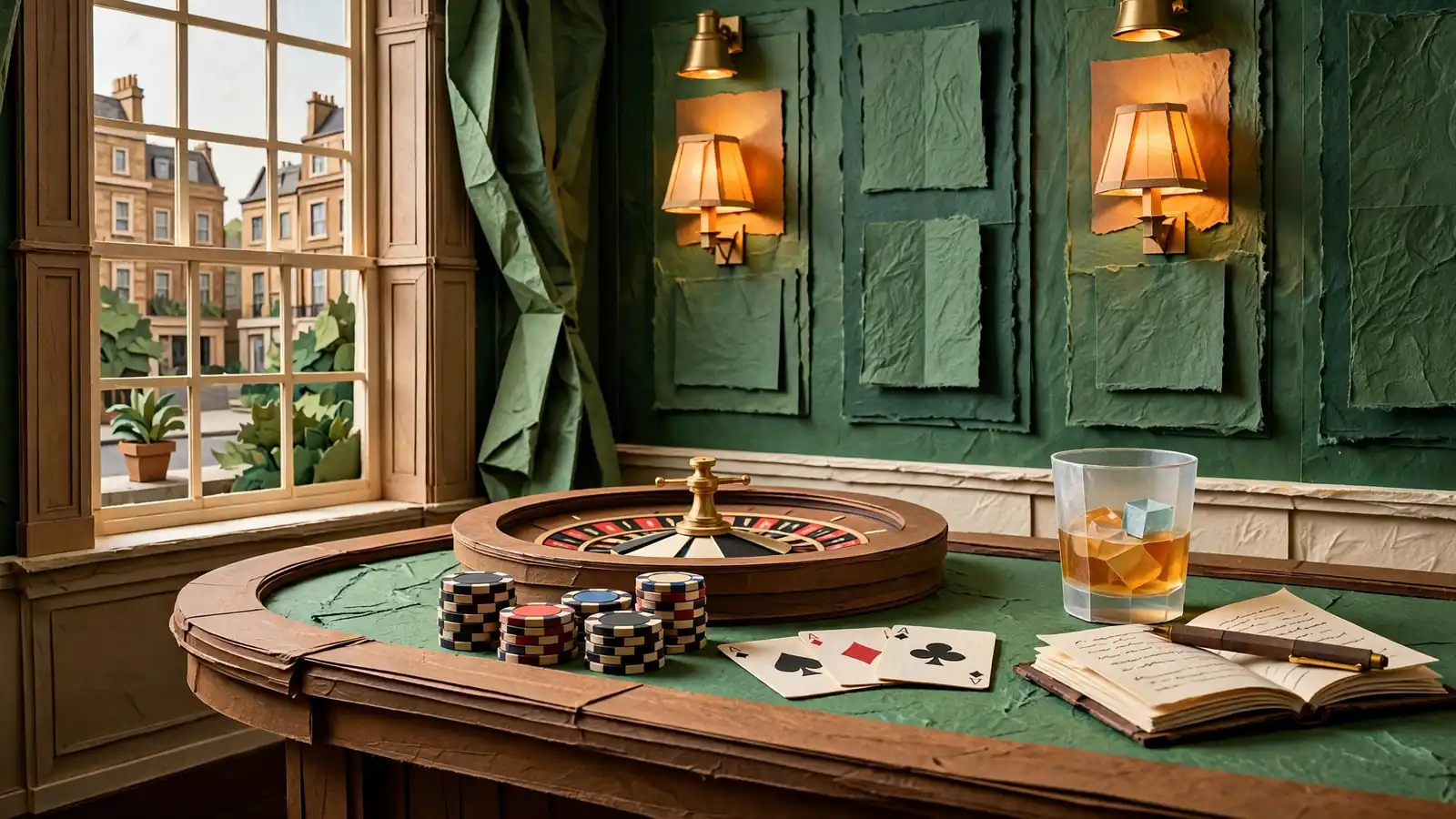Wooden casino table with roulette wheel, chips and cards in a London clubroom.