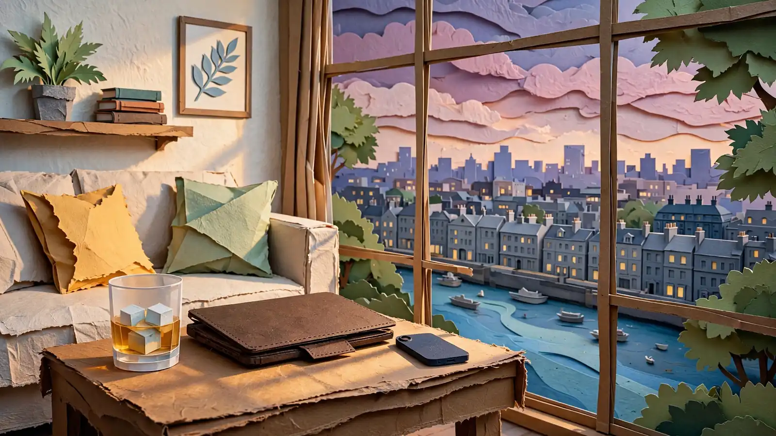 London living room at dusk with whisky, closed laptop and smartphone, city view.