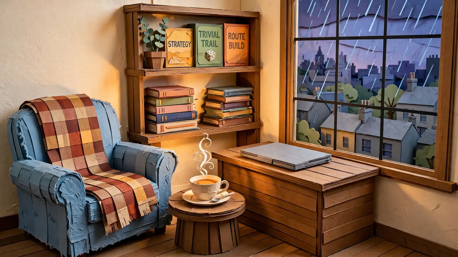 Cozy British living room scene at dusk with tea, armchair, and a laptop on a desk.