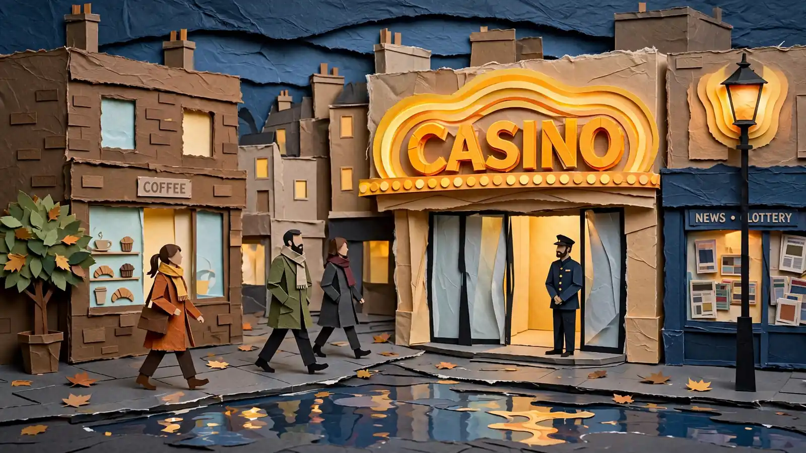 Evening exterior of a modern London casino on a busy UK high street