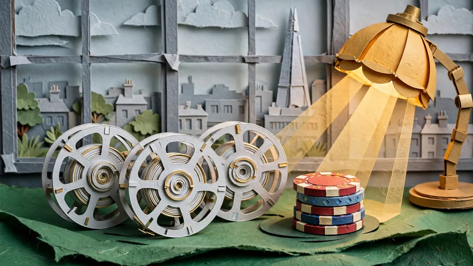 Casino chips and slot reels on green baize under a warm lamp, with a London skyline behind.