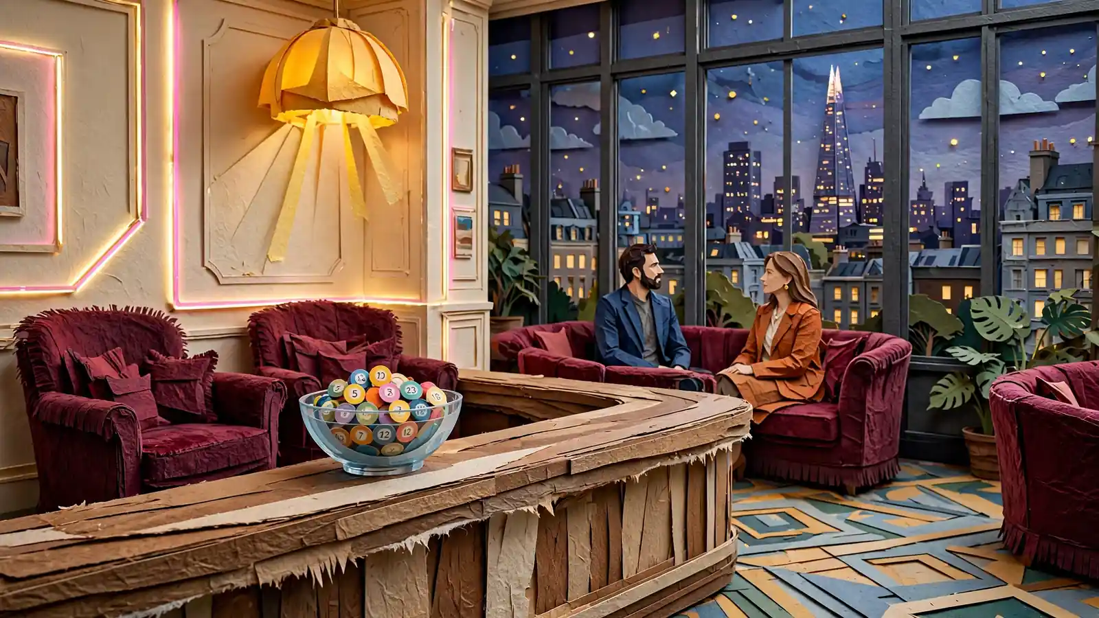 Elegant UK casino lounge with bingo balls, warm lighting, and London skyline view at dusk