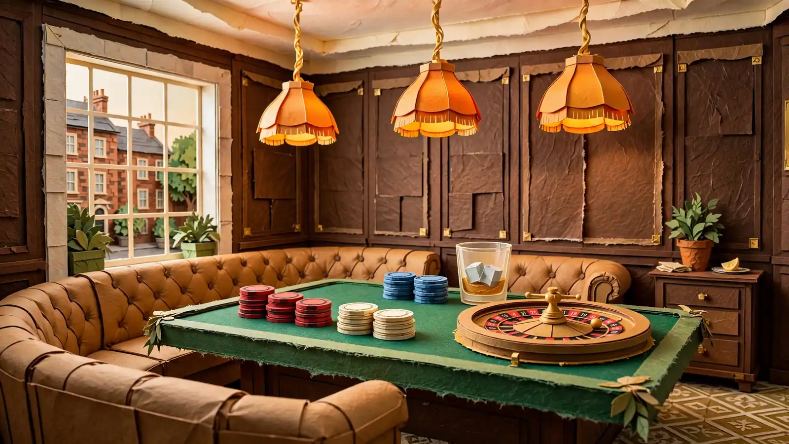 Elegant UK casino lounge with roulette wheel, poker chips, and warm lighting