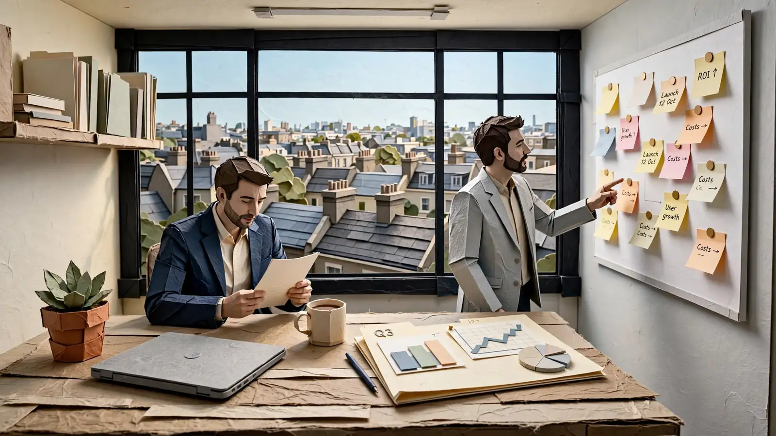 UK office scene with professionals reviewing documents at a desk