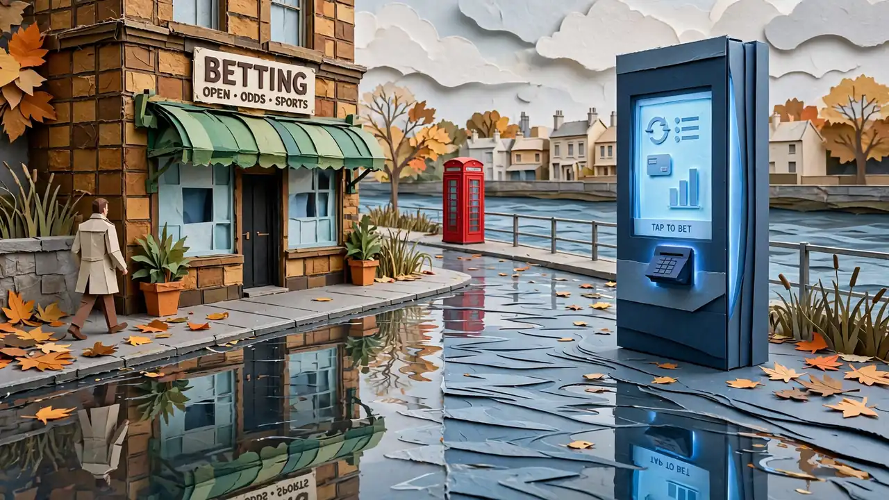 Traditional British bookmaker shop contrasted with a digital crypto kiosk on a London street.