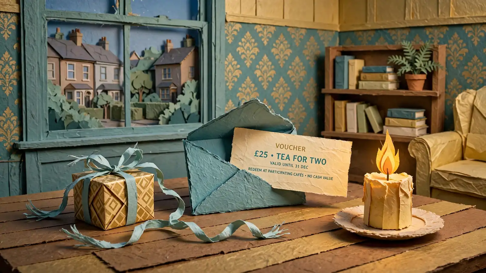 Gift box and voucher on a table, warm candlelight