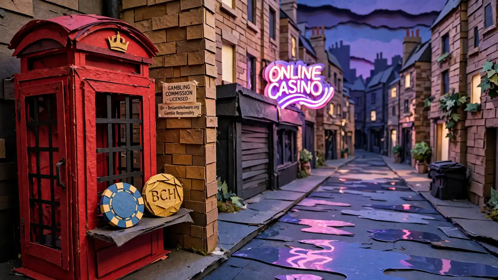 London street scene with neon casino glow, telephone box, and a Bitcoin Cash coin on the ledge.