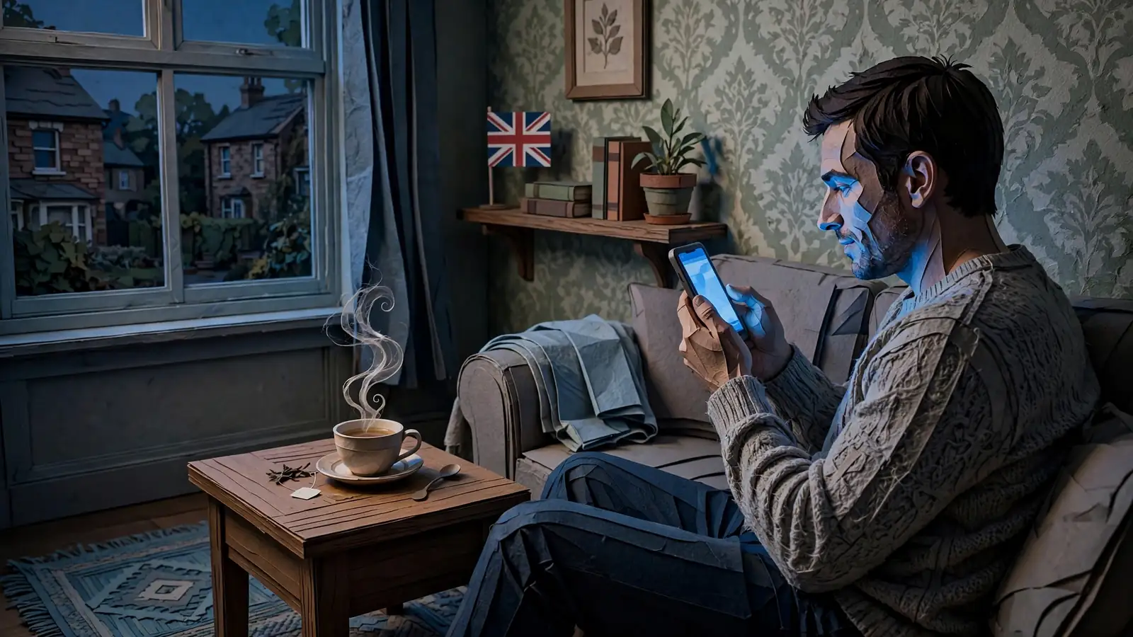 Person playing a mobile game on a smartphone in a cozy UK living room at night.