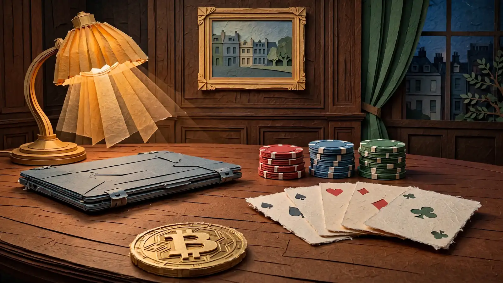 Traditional London club interior with casino chips, playing cards, and a cryptocurrency coin on a mahogany table