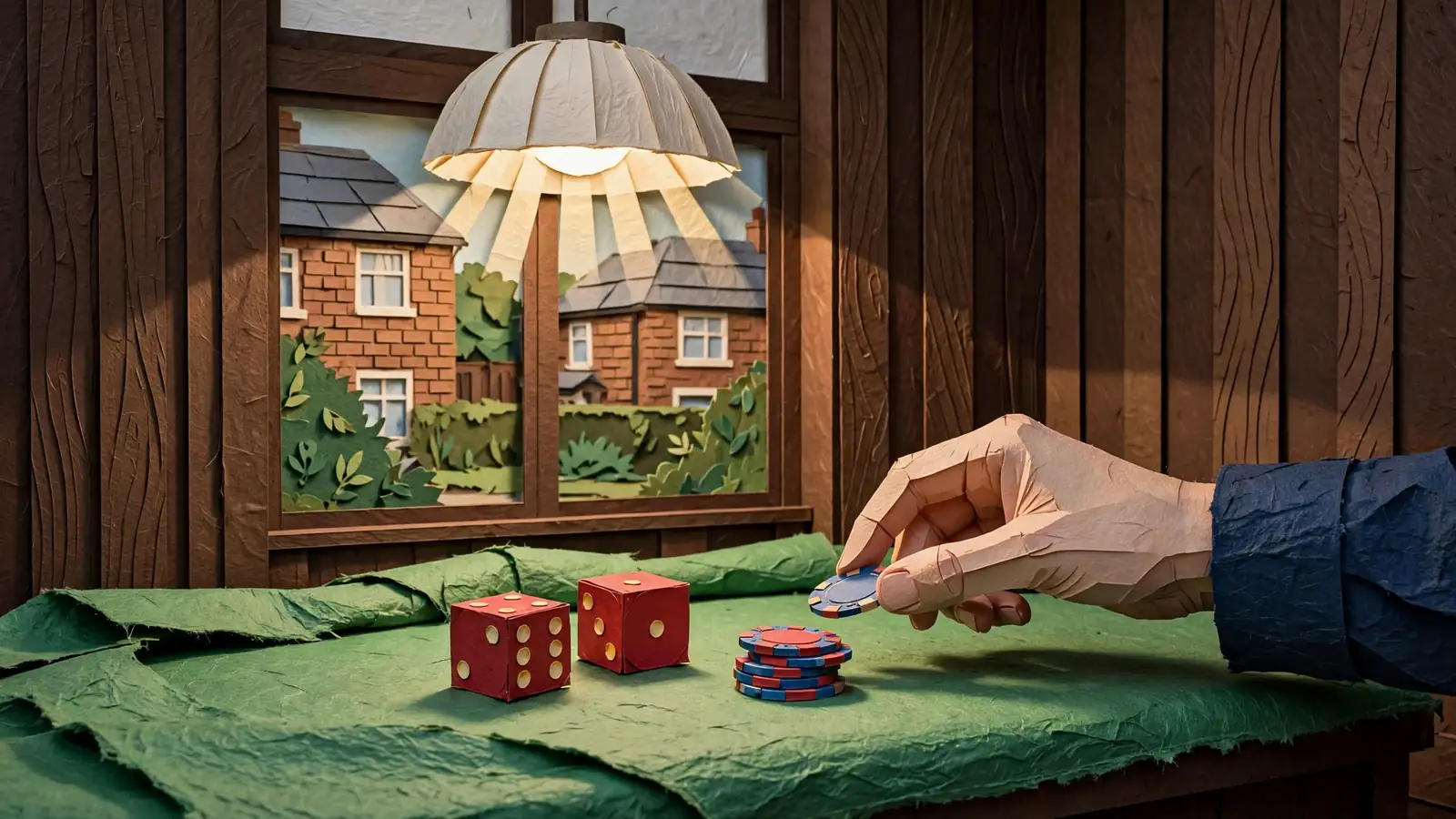 Red dice and stacked chips on a green felt casino table with a hand placing a wager.