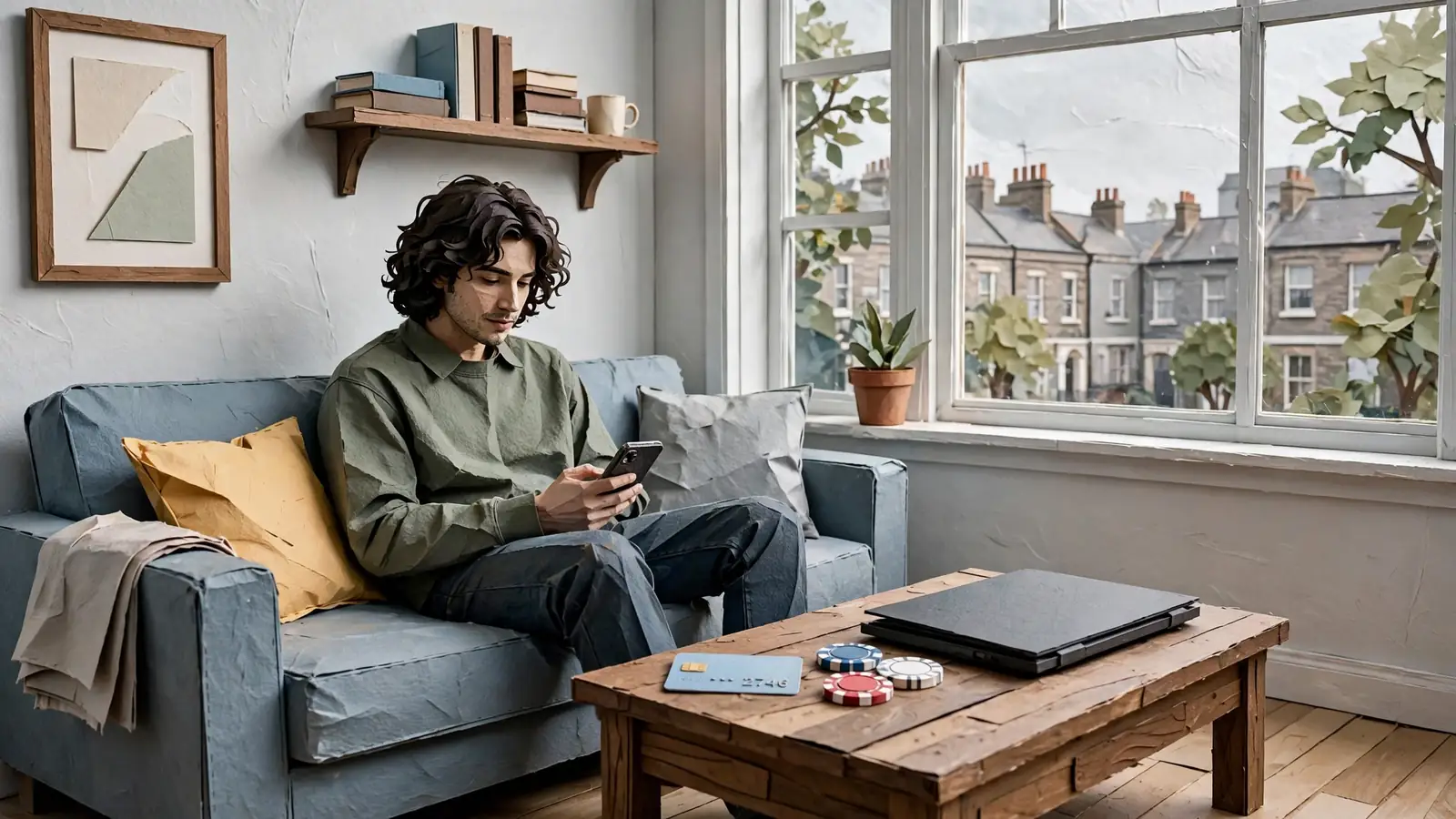 Person in a London flat checking phone beside bank card and poker chips on a table.