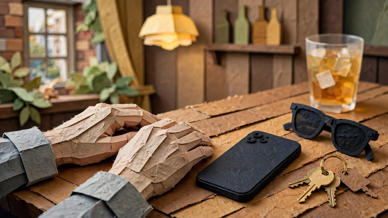 Hands resting near a face-down smartphone on a wooden table with keys and a drink.