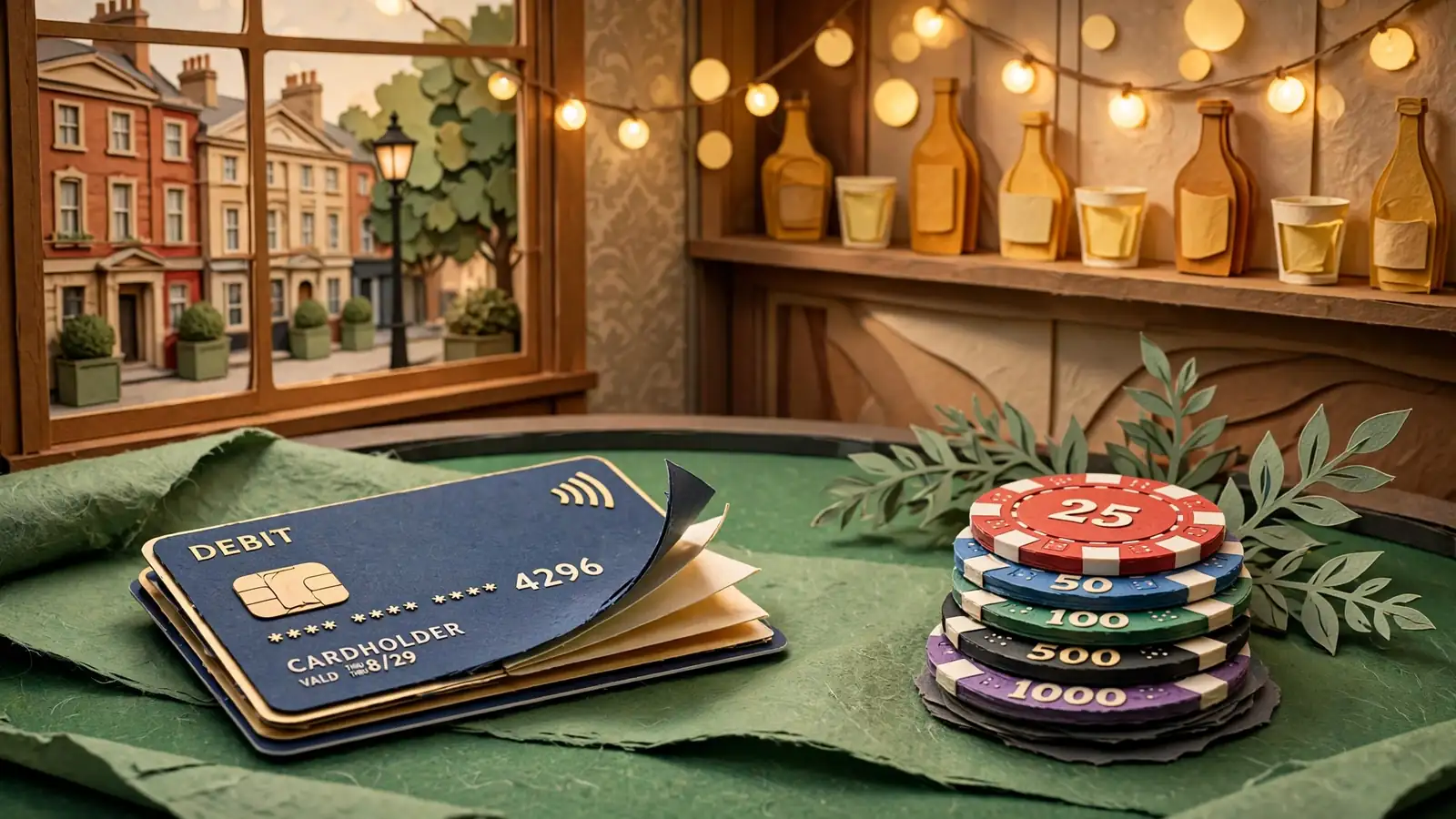 Debit card on green felt casino table beside stacked poker chips in a British casino lounge.