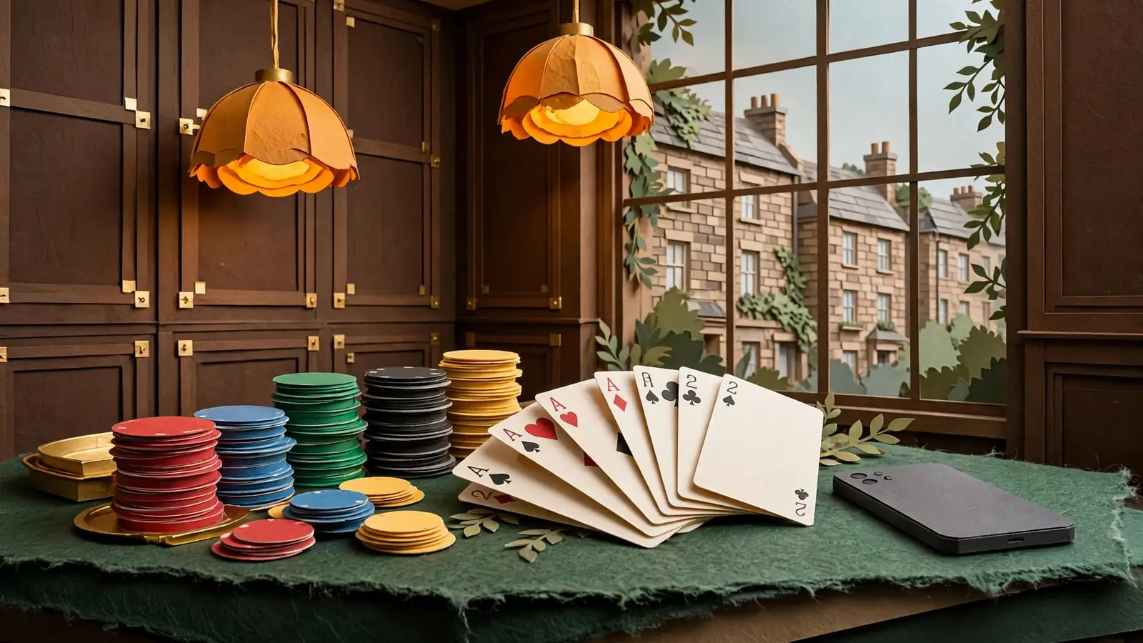 Casino chips and cards on a felt table with a face-down smartphone in a British casino interior.
