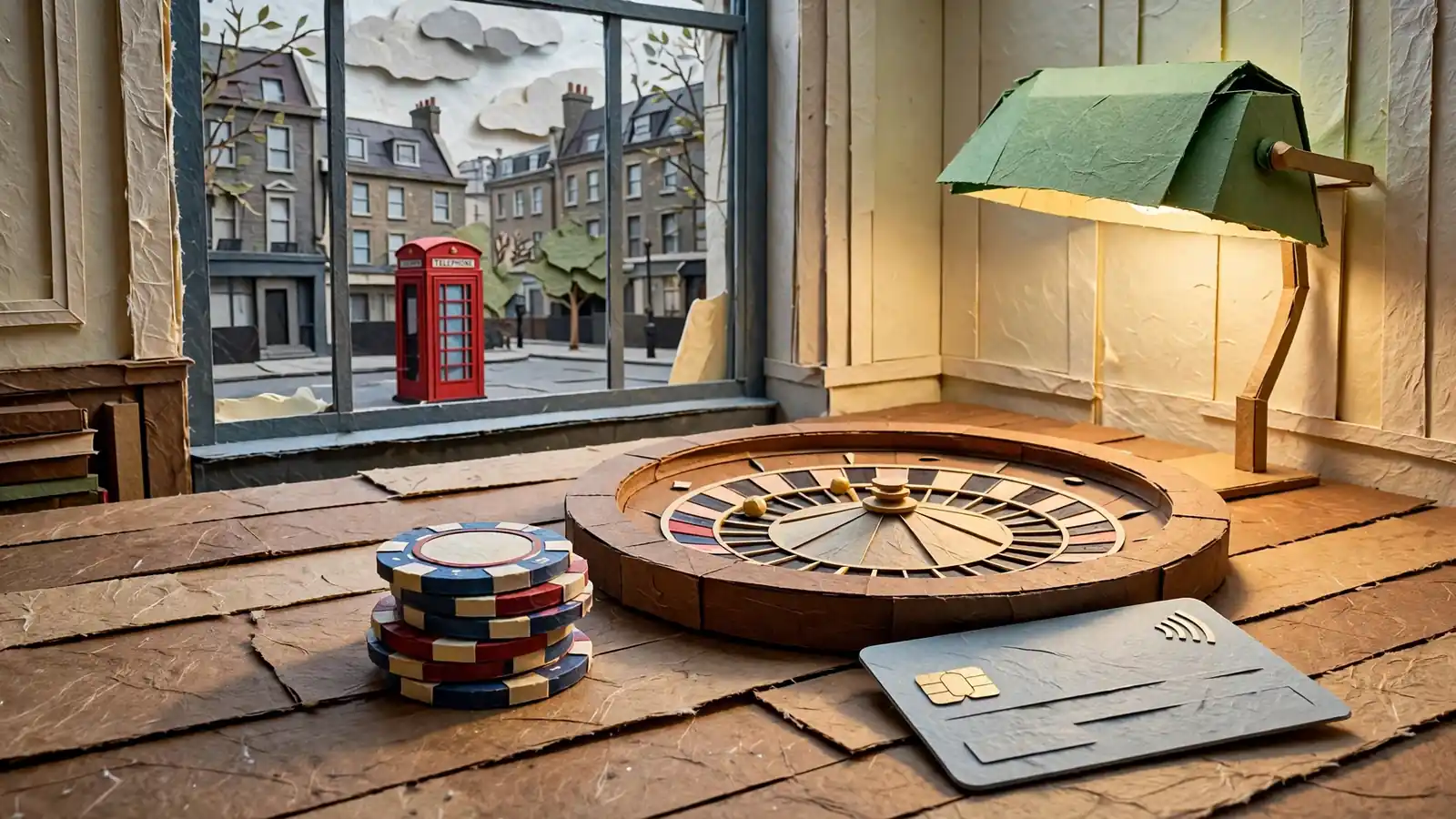 Casino chips, roulette wheel, and a contactless card on a wooden table in a British games room.