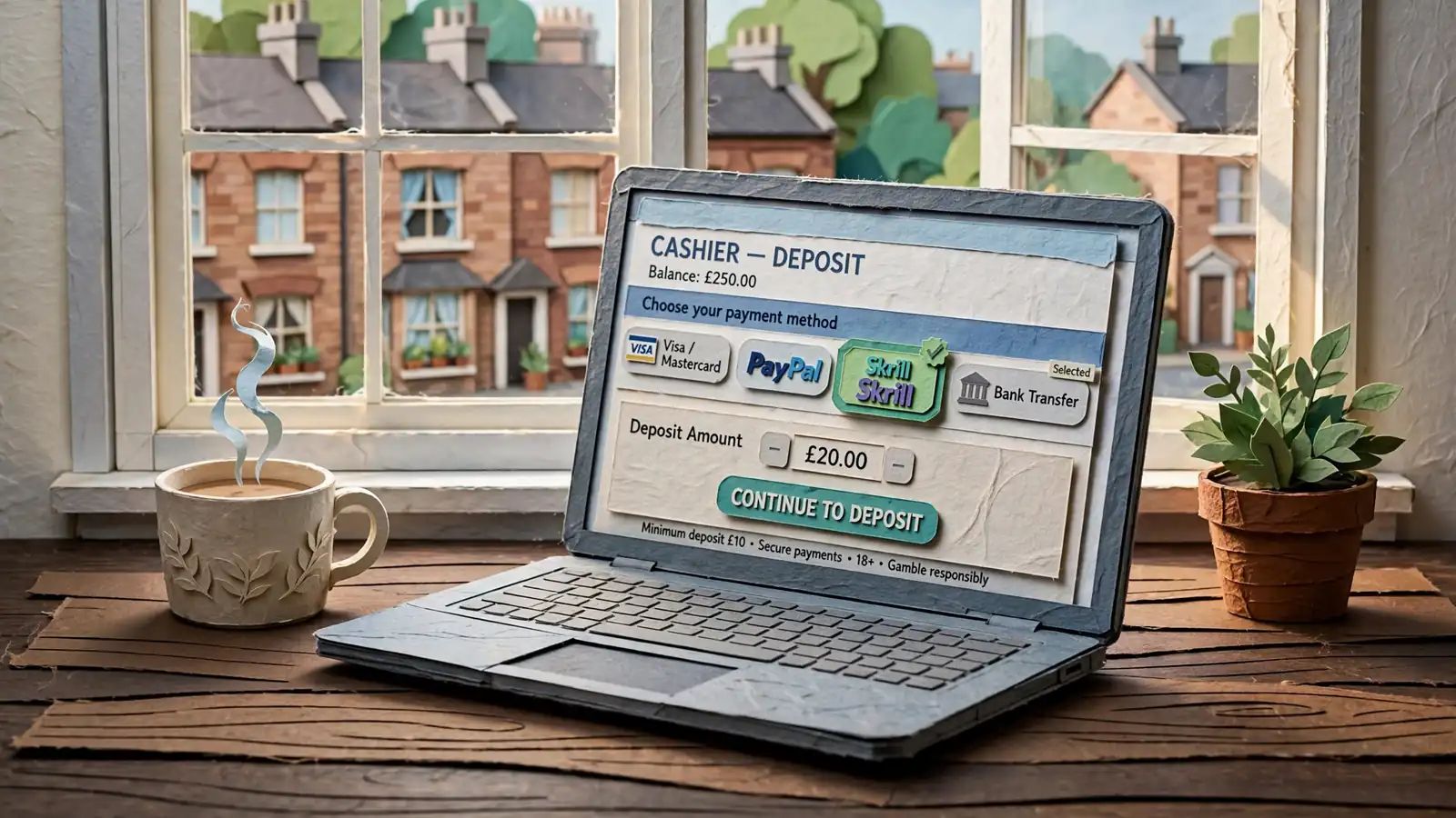 Laptop displaying UK casino cashier with Skrill deposit option